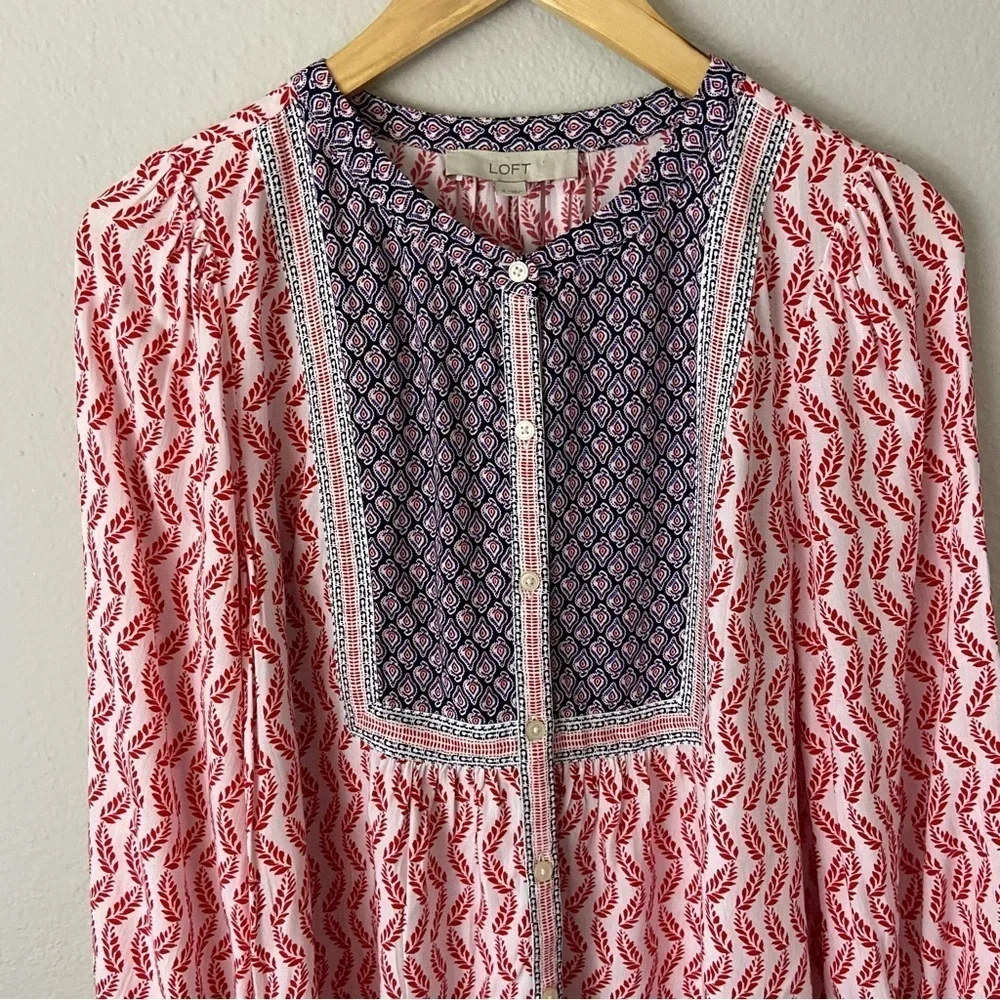 Loft Boho Leaf Bib Blouse Flowy Cottagecore Peasant Feminine Sz S